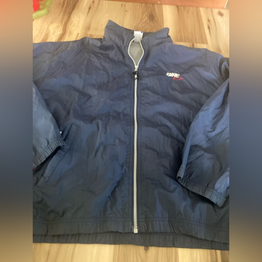 Bike Sports Windbreaker Jacket - Retro Light Zip Up Blue Nylon Coat - XL Hood